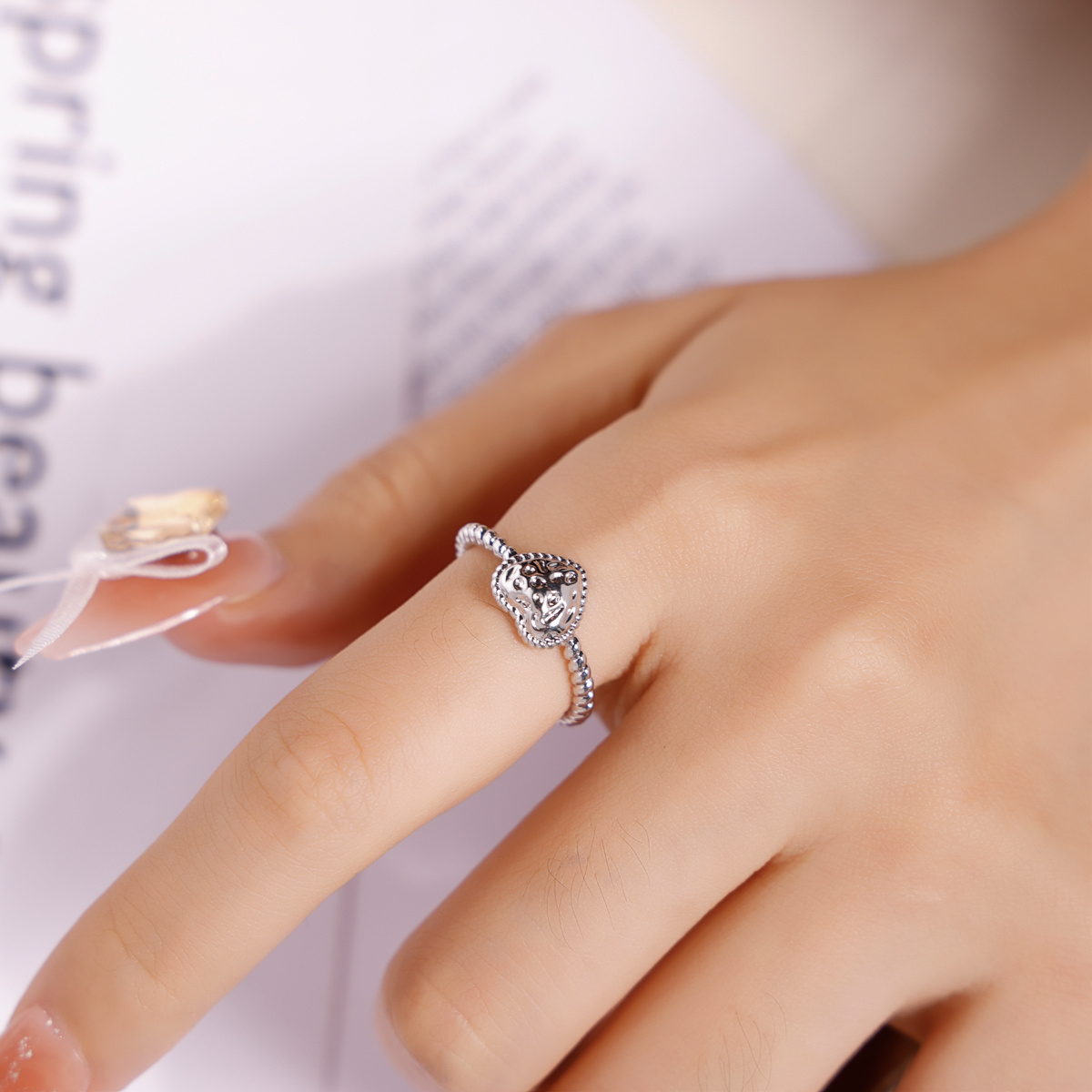 Women's Adjustable Hammered Heart Open Ring, Stackable Design